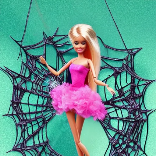 Image similar to barbie fairy trapped in a spider web, trending on artstation