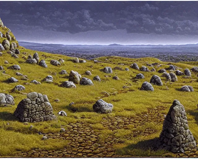 Image similar to a swampy hill landscape with a circle of finger shaped stones, by ted nasmith