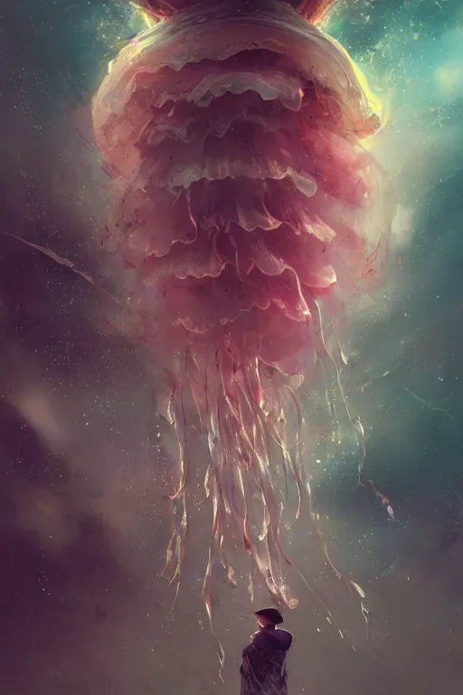 Image similar to the look of an elderly person full of wrinkles and imperfections comes out of a tornado jellyfish by artgem and greg rutkowski, highly detailed, high contrast, light reflection, trippy, nebula, trending on artstation