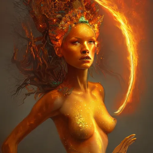 Image similar to A stunning portrait of a goddess, her body made of flames, by Jim Burns, intricate, fantasy, Trending on artstation.