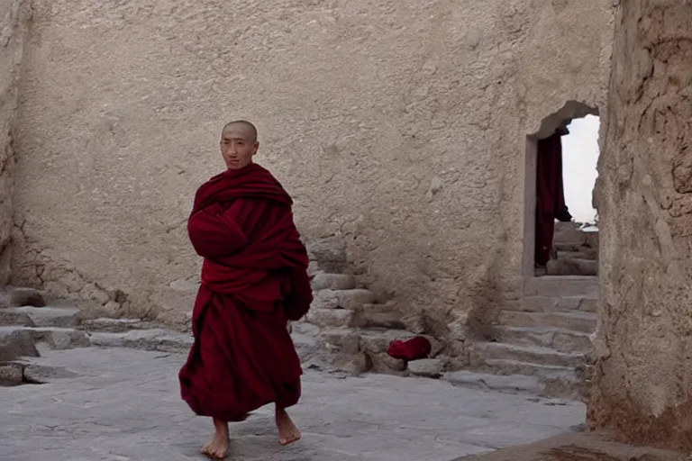 Prompt: movie of a monk in Tibet by Emmanuel Lubezki