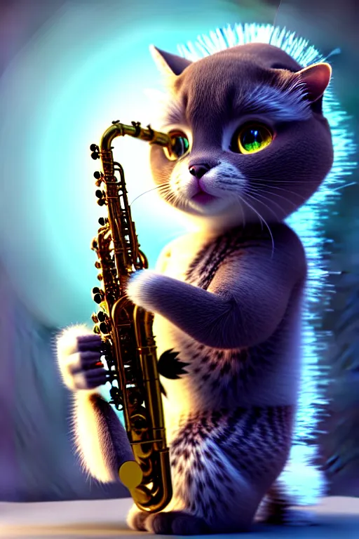 Prompt: high quality 3 d render very cute fluffy cyborg! cat plays saxophone, cyberpunk highly detailed, unreal engine cinematic smooth, in the style of blade runner & detective pikachu, hannah yata charlie immer, moody light, low angle, uhd 8 k, sharp focus