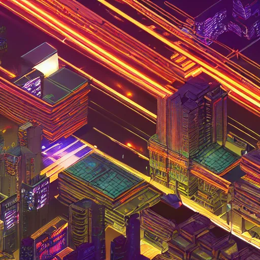 Image similar to stunning isometric view of neo tokyo at night, 4k, dramatic lighting, cyberpunk, akira neo tokyo, unreal engine