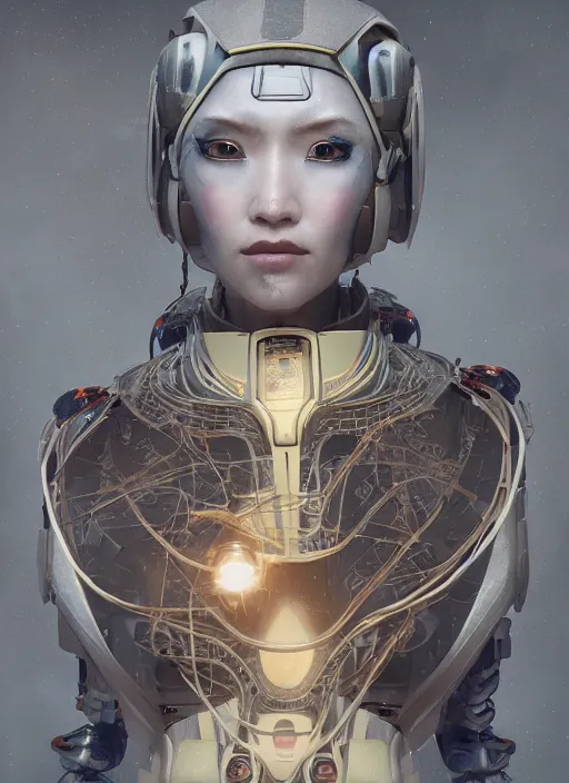 Prompt: portrait of a futuristic geisha cyborg, in the style of ghost in the shell, kintsugi, modern fine art, fractal, intricate, elegant, highly detailed, digital photography, subsurface scattering, by jheronimus bosch and greg rutkowski,
