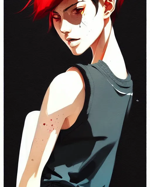 Image similar to a ultradetailed beautiful painting of a stylish woman with short hair, she is wearing a black tank top and jeans, by conrad roset, greg rutkowski and makoto shinkai trending on artstation