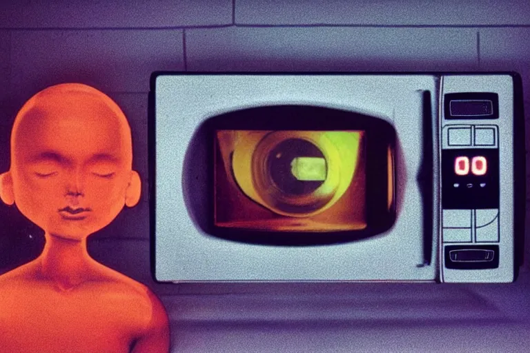 Image similar to retro robot sticking her head inside of a microwave, from 2001, bathed in the glow of a crt television, low-light photograph, in the style of jack bridgeland