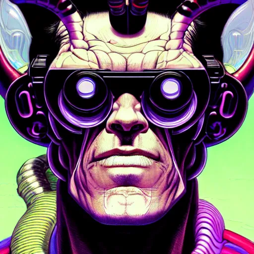 Image similar to portrait painting of a cyberpunk muscular willem dafoe with big horns, sharp focus, award - winning, trending on artstation, masterpiece, highly detailed, intricate. art by josan gonzales and moebius and deathburger