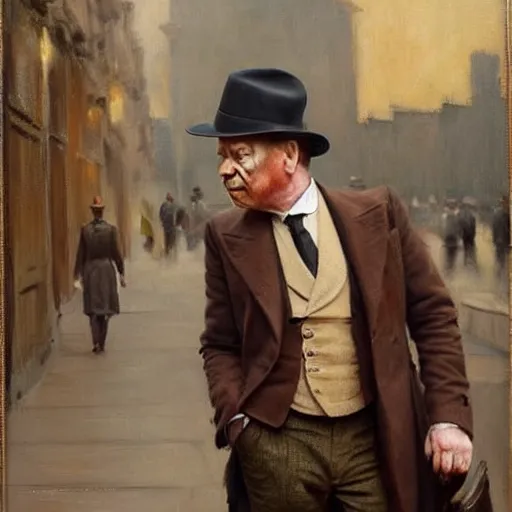 Image similar to we see ewan mcgregor from side. he is dressed as a gentleman at early 2 0 th century paris. atmospheric feeling, warm colours, brown colours, yellow colours, epic scene, cinematic, very detailed, oil painting