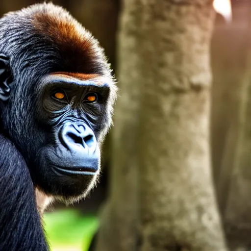 Image similar to portrait photo of a charismatic curious silverback gorilla looking into the camera, indoors, f 1. 4, golden ratio, rim light, top light, overcast day