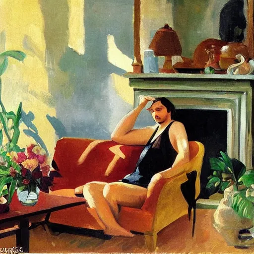 Prompt: A cozy, warm living room, bathed in golden light, with many tropical plants and eclectic furniture, a figure rests on an old couch, highly relaxed, sunday afternoon, living the good life, at peace, golden ratio, fauvisme, art du XIXe siècle, figurative oil on canvas by Albert Marquet, André Derain, Auguste Herbin, Louis Valtat, Musée d'Orsay catalogue