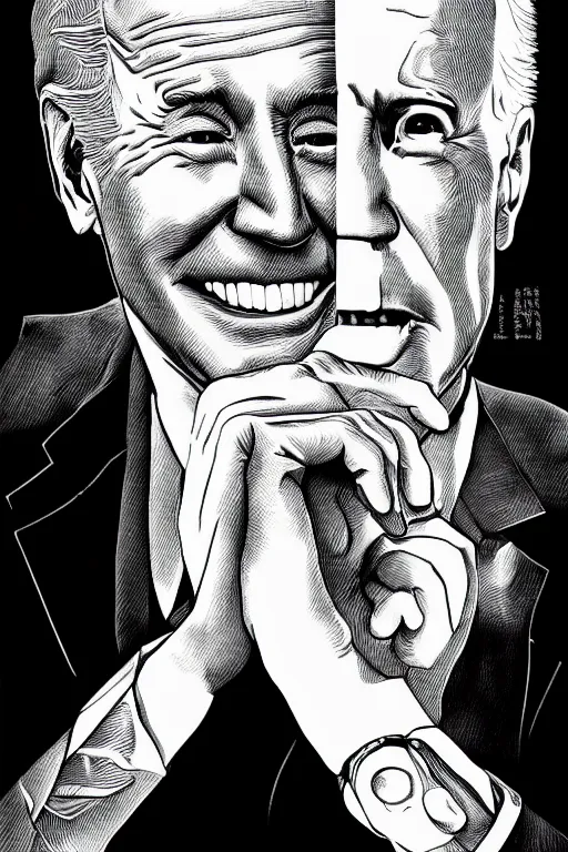 Image similar to Joe Biden full body portrait, body horror, black and white Illustration by Junji Ito