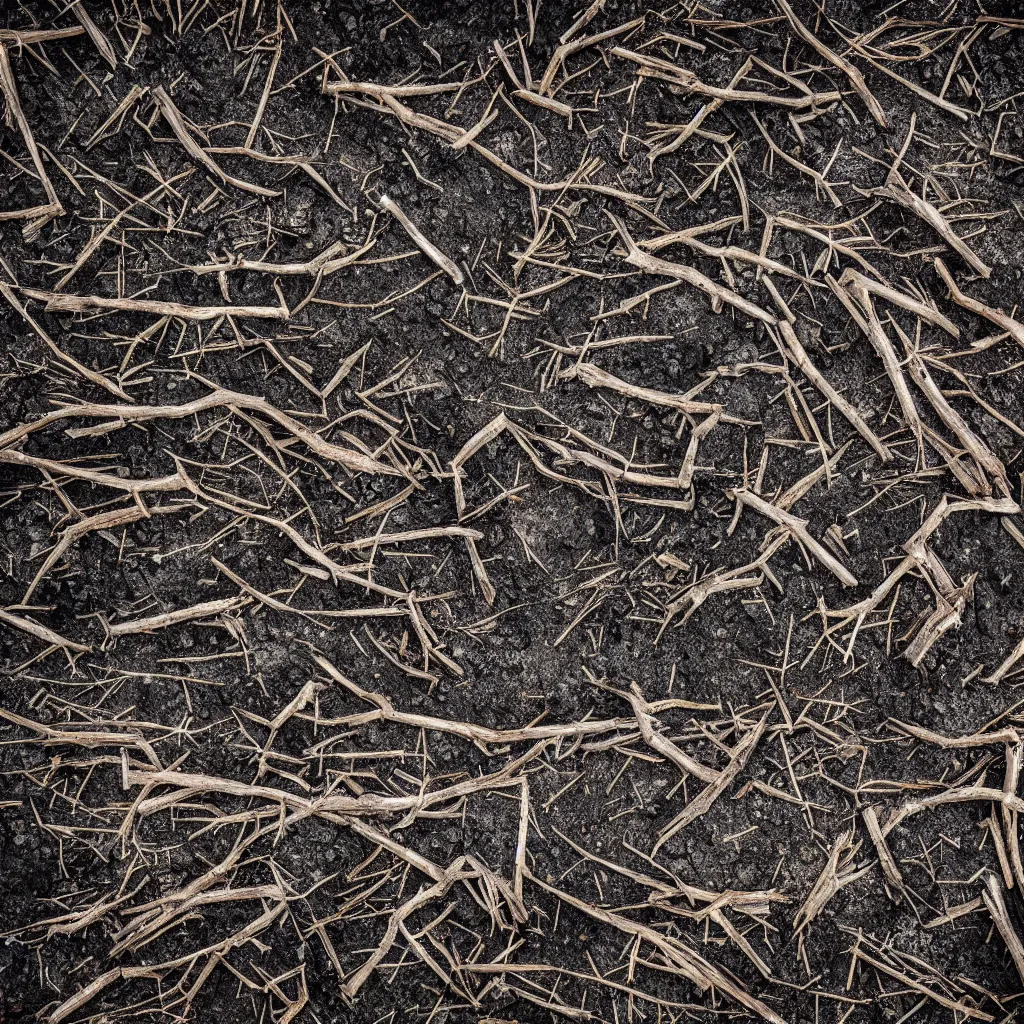 Prompt: a dry and dead forest in oil spill, coal, dust, wind, advertising photography