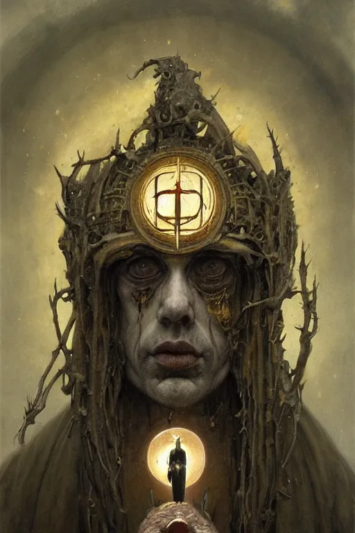 Image similar to a painting of a portrait of the high pontifex of pain with a halo on his head, golden halo, a detailed painting by santiago caruso, official art by greg rutkowski, a character portrait by seb mckinnon,, gothic art, apocalypse art, antichrist, grotesque, elder, skin, gouache, sinew, artstation