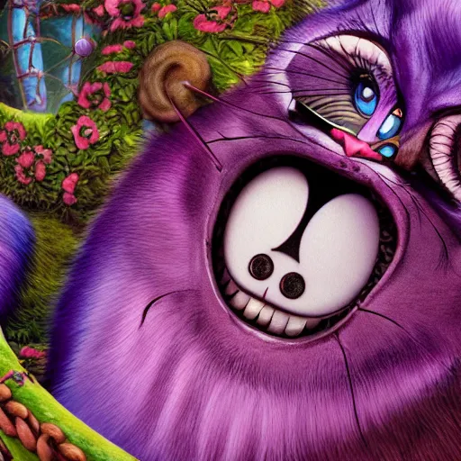 Image similar to the cheshire cat grinning, alice in wonderland, pixar, highly detailed intricate painting, long shot, 3 5 mm camera wide angle, cinematic