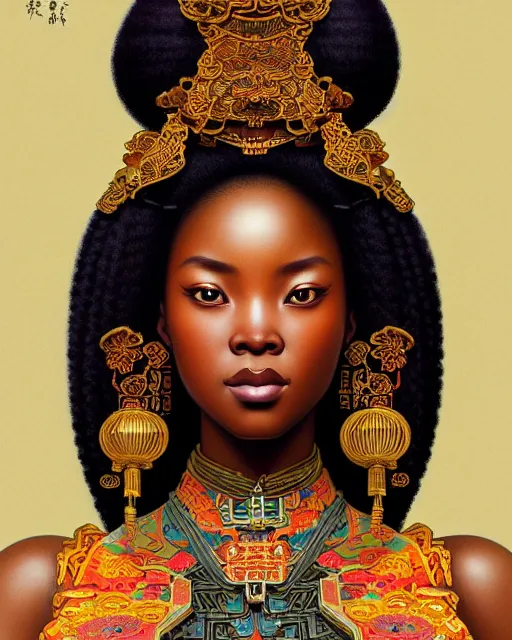 Prompt: portrait of a afro goddess, machine face, upper body, decorated with chinese opera motifs, asian, traditional chinese art, intricate, elegant, highly detailed, digital painting, artstation, concept art, smooth, sharp focus, illustration, art by artgerm and greg rutkowski and alphonse mucha, 8 k