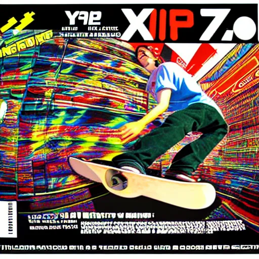 Image similar to y 2 k videogame poster ad scan, fisheye photo of skateboard, street wear 2 0 0 0 s y 2 k magazine