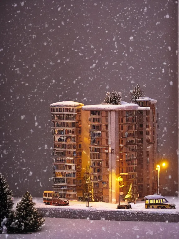 Image similar to mega detailed miniature diorama a soviet residential building, brutalism architecture, suburban, warm lights are on in the windows, man lies in the snow, dark night, fog, winter, blizzard, cozy and peaceful atmosphere, row of street lamps with warm orange light, several birches nearby, 1 9 9 0