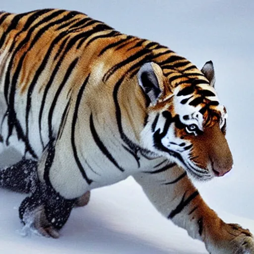Image similar to A shark tiger hybrid 8' the Arctic snow. A creature that is half tiger half shark. National Geographic photograph