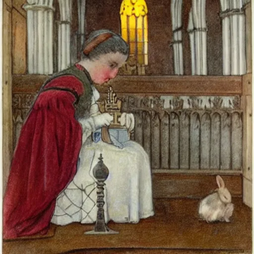 Image similar to a young edwardian woman playing chess with a rabbit inside a church, in the style of carl larsson