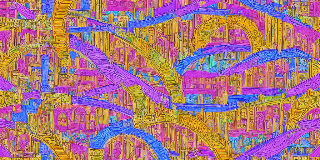 Prompt: seamless pattern of large colorful aqueduct in escher style