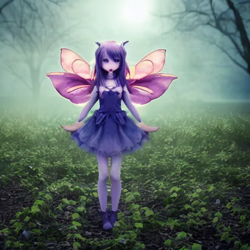 Image similar to cute fumo plush girl among vines in the middle of a foggy dark cursed rose garden under a blue sky, beautiful glowing ethereal gothic magical wraith fairy girl with dark eyes, horns, sheep girl, anime, tattered dress, bokeh, vray