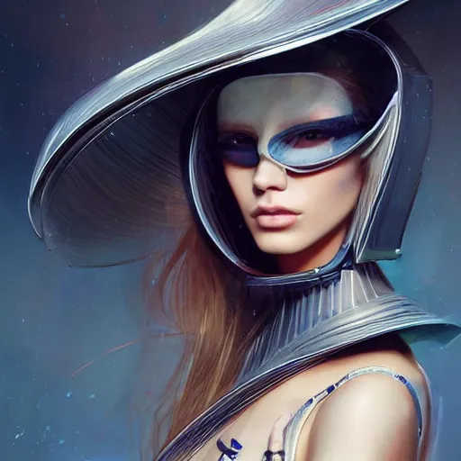 Prompt: A masterpiece portrait of a Incredibly beautiful futuristic high fashion model girl with designer mask. Vogue. trending on artstation, digital art, by Stanley Artgerm Lau, WLOP, Rossdraws, James Jean, Andrei Riabovitchev, Marc Simonetti, Yoshitaka Amano