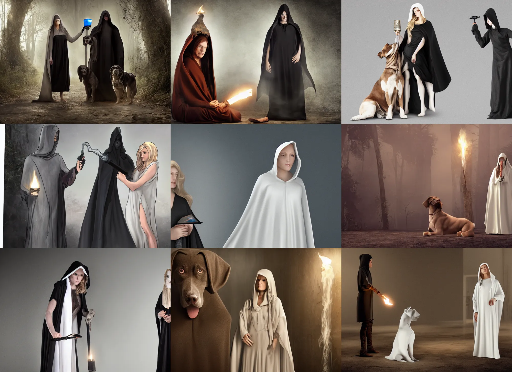 Prompt: The woman is dressed in a long, toe-length dress made of dark fabric and a white hooded cape. She holds a torch in her right hand, a book in her left. Next to her is a big dog. The woman looks like she just woke up. She raises her head and looks at us. She has blonde hair and very pale skin, octane render, cinematic, hyper realism, 8k, depth of field, highly detailed