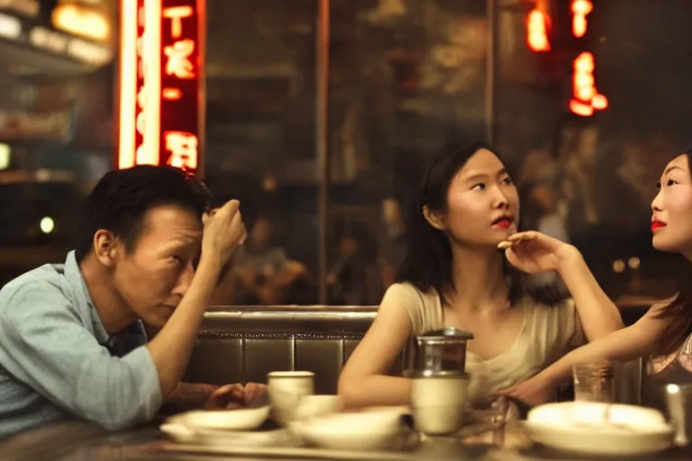 Prompt: VFX movie interior closeup beautiful Asian couple closeup sitting at 50s diner, night in the city, by Emmanuel Lubezki