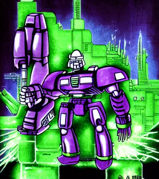 Image similar to armada megatron by akira toriyama, high quality, purple and green