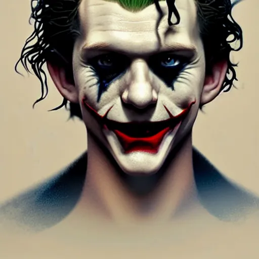 Image similar to tom holland as young joker, fine detailed face, long hair, stunning 3 d render inspired art by greg rutkowski and xiang duan and thomas eakes, realistic, highly detailed attributes and atmosphere, dim volumetric cinematic lighting, 8 k octane detailed render, post - processing, masterpiece,