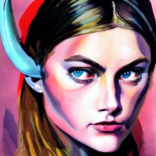 Prompt: detailed details photorealistic beautiful girl wearing devil horn headband in the style of bob peak and alex ross, gouache and wash paints color, detailed details facial and body and human and environments and proportionate, detailed 5 k details.