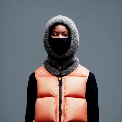 Image similar to realistic! photoshoot for a new balenciaga lookbook, color film photography, portrait of a beautiful woman wearing a balaclava puffer mask, photo in style of tyler mitchell, 35mm lens