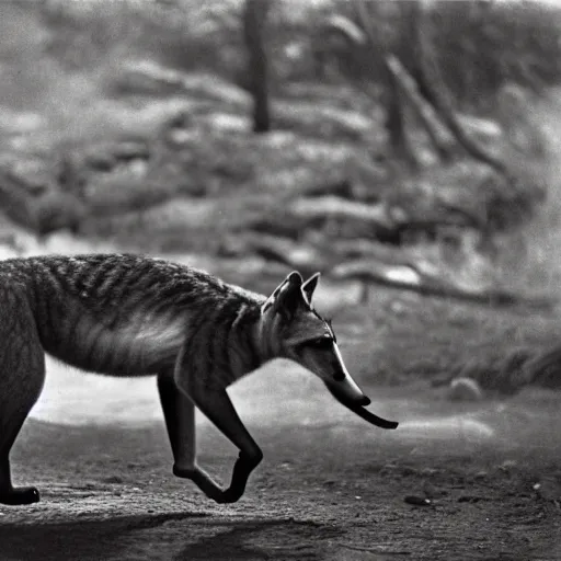 Prompt: ''a sebastião salgado's photograph of a thylacine caught in the wild''