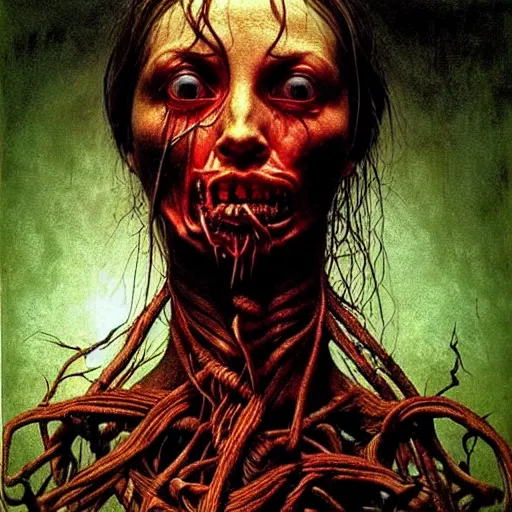 Prompt: full body portrait, a highly detailed witch, magic, night, extremely high detail, death, fear, horror, realistic, fantasy art, solo, masterpiece, saturated colors, tangled, ripped flesh, art by zdzisław beksinski, caravaggio, perfect faces, fine details