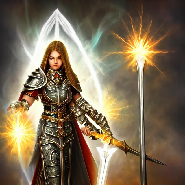 Prompt: cleric warrior with light powers, 4 k, hdr, smooth, sharp focus, high resolution, award - winning photo, anne stokes, photorealistic