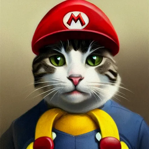 Image similar to Portrait of a Cat dressed as Super Mario, nintendo, highly detailed, digital painting, artstation, concept art, smooth, sharp focus, illustration, art by artgerm and greg rutkowski and alphonse mucha