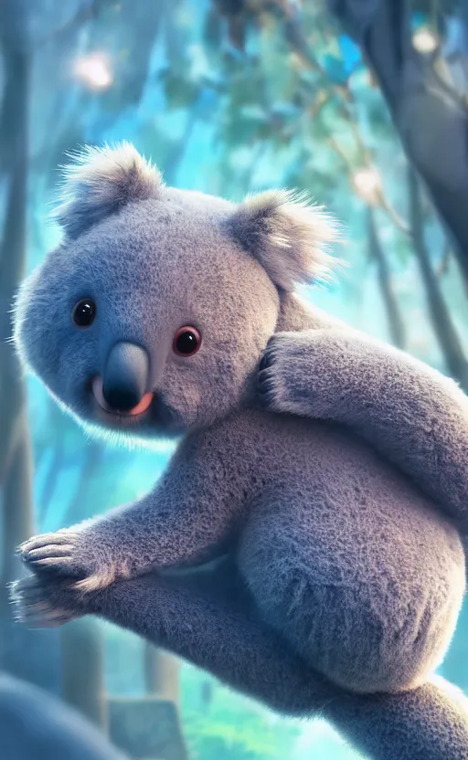 Image similar to koala bear wearing socks, magical city, water bear, cute, electric, furry, soft, concept art, intricate details, highly detailed, photorealistic, disney pixar, octane render, iridescent, anime, 8 k