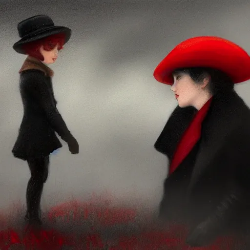 Prompt: a highly detailed epic cinematic concept art, a thin man in a black coat and bowler hat talks with small young girl who is dressed in a red coat and a red hat, park, autumn, 1923, wide angle, high detail, in style of Greg Rutkowski, width 768