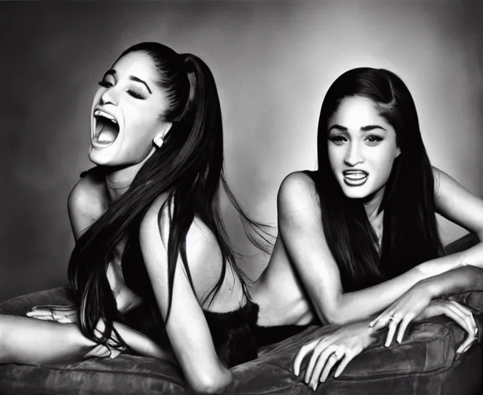 Image similar to award winning photo of Ariana Grande, Megan Fox sitting on a chesterfield lounge mid action laughing, symmetrical, beautiful eyes, wide shot art by Sally Mann & Arnold Newman