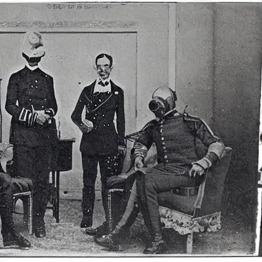 Image similar to grainy 1800s photo of human government officials surrending to cybernetic military officers