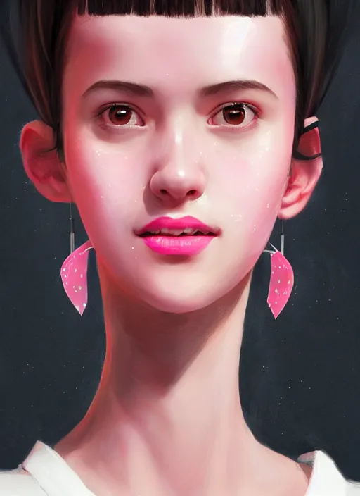 Prompt: portrait of high school girl, realistic, black hair, bangs, half updo hairstyle, pointy nose, skinny, smile, ugly, defined jawline, big chin, pink hair bow, earrings, intricate, elegant, glowing lights, highly detailed, digital painting, artstation, sharp focus, illustration, art by wlop, mars ravelo and greg rutkowski