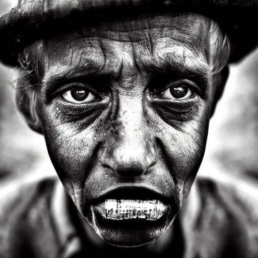 Prompt: Award Winning Portrait of a tramp in rags with beautiful eyes by Lee Jeffries, 85mm ND 4