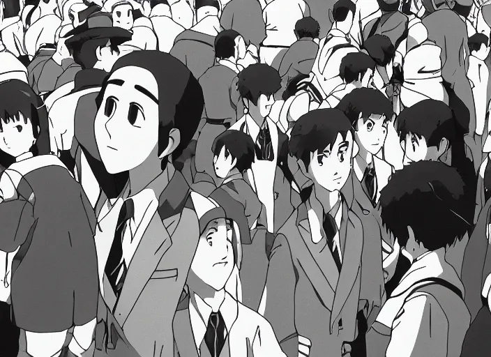 Prompt: black and white anime screenshot from studio ghibli's schindler's list