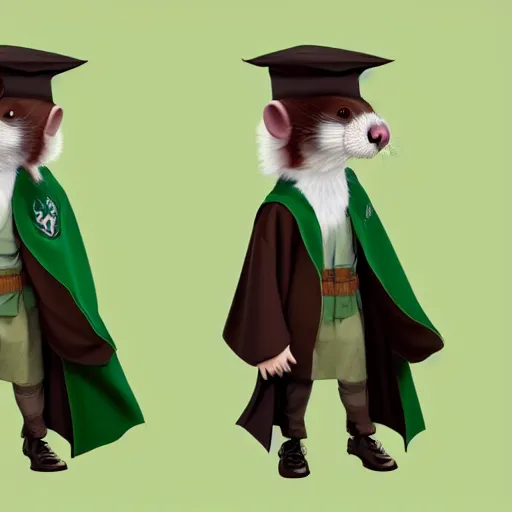 Image similar to a anthropomorphic ferret is dressed as a hogwarts student in slytherin robes, hyperdetailed, artstation, cgsociety, 8 k