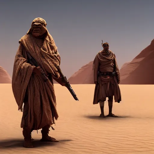 Image similar to A Tusken Raiders from Star Wars, 8k, exquisite detail, cinematic, Sand, Cinematic Lighting