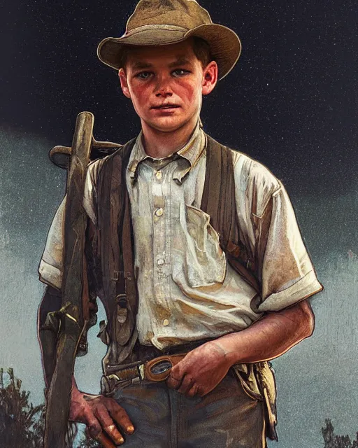 Image similar to side portrait Appalachian bootlegger boy with detailed features, moonshining still in the backdrop, dirt, Appalachian mountains, sharp focus, illustration, highly detailed, oil painting, matte, art by Greg Rutkowski and Alphonse Mucha, masterpiece