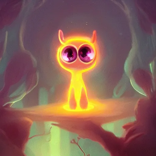 Image similar to adorable glowing creature, trending on artstation, cute, big eyes, matte painting, concept art