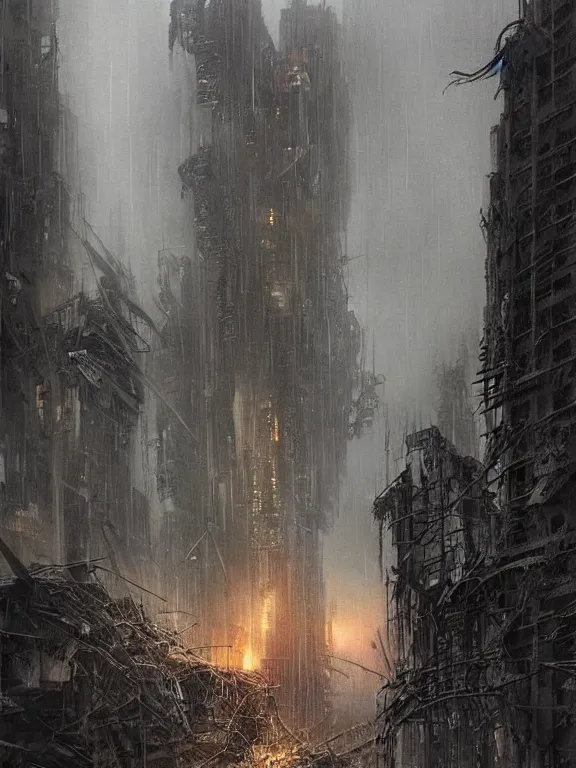 Image similar to a dark ruin city of a heart among the brutalism wreckage buildings in the rain,at dusk,by Hugh Ferriss,James Paick,Greg Rutkowski,aaron horkey,trending on pinterest,Blade Runner 2049,luxury,mythological,ultra realistic,high detail,golden ratio,cinematic lighting,maximalist