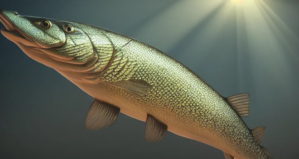 Image similar to a beautiful painting of a northern pike, octane render, intricate, ultra wide angle, trending on artstation, daylight, volumetric lighting, ray lighting from top of frame, crepuscular ray lighting from above, dynamic lighting, muted colors, polished, micro details, ray tracing, 8 k