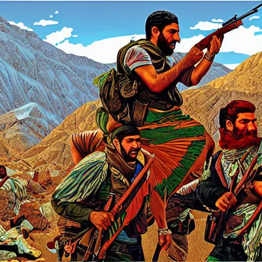 Prompt: kurdish freedom fighters in the mountains art by martin ansin, highly detailed, 8 k, high resolution, award winning art, incredibly intricate